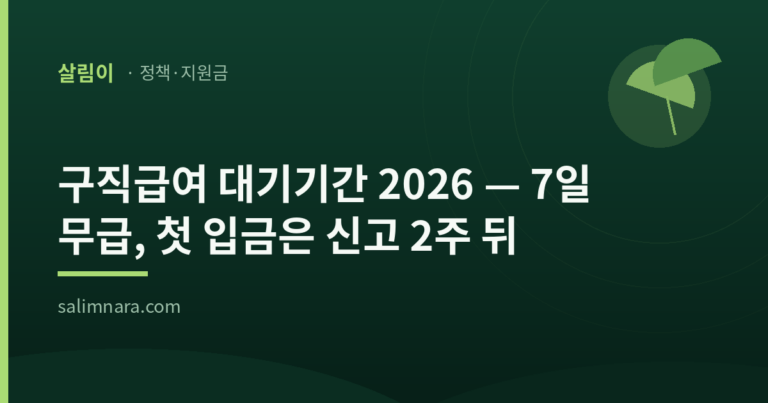 구직급여 대기기간 2026 — 7일 무급, 첫 입금은 신고 2주 뒤 (살림이 정책·지원금)