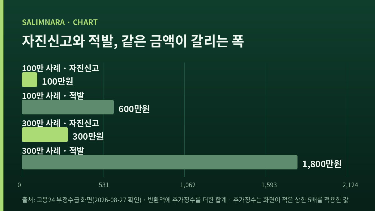 자진신고와 적발의 부담 금액을 막대 넷으로 비교한 자체 도표