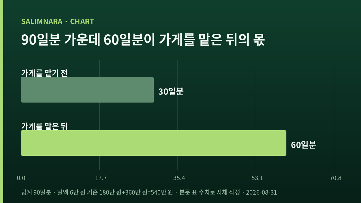 앞 30일분과 뒤 60일분으로 나눈 90일분을 가로막대 둘로 놓은 자체 도표