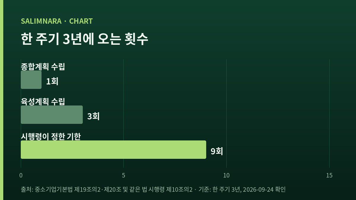 한 주기 3년 안에서 종합계획과 육성계획과 시행령 기한의 횟수를 비교한 가로 막대