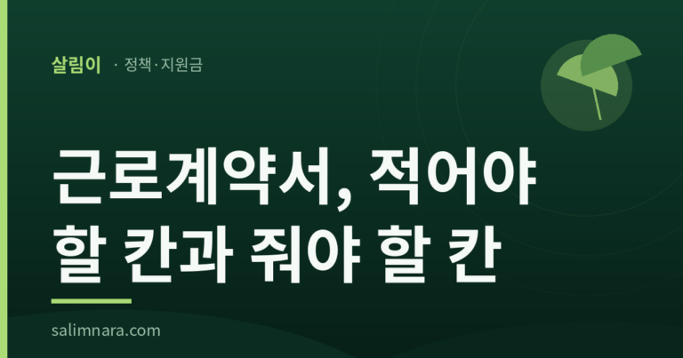 살림이 정책안내 표지: 근로계약서, 적어야 할 칸은 5개 서면으로 줄 칸은 4개