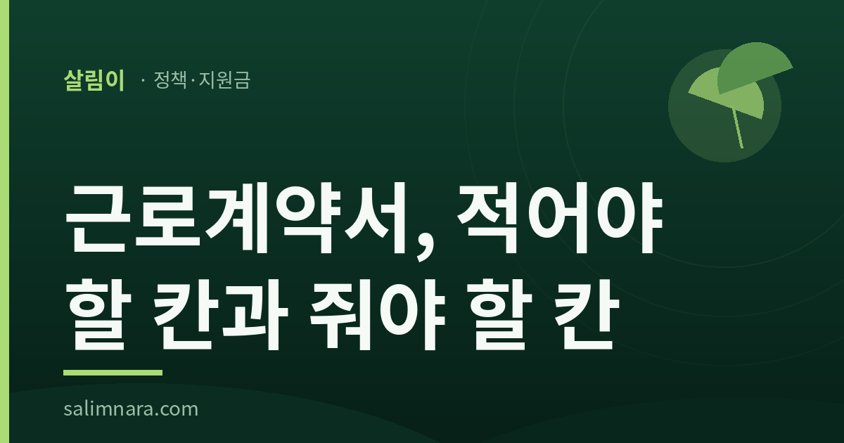살림이 정책안내 표지: 근로계약서, 적어야 할 칸은 5개 서면으로 줄 칸은 4개