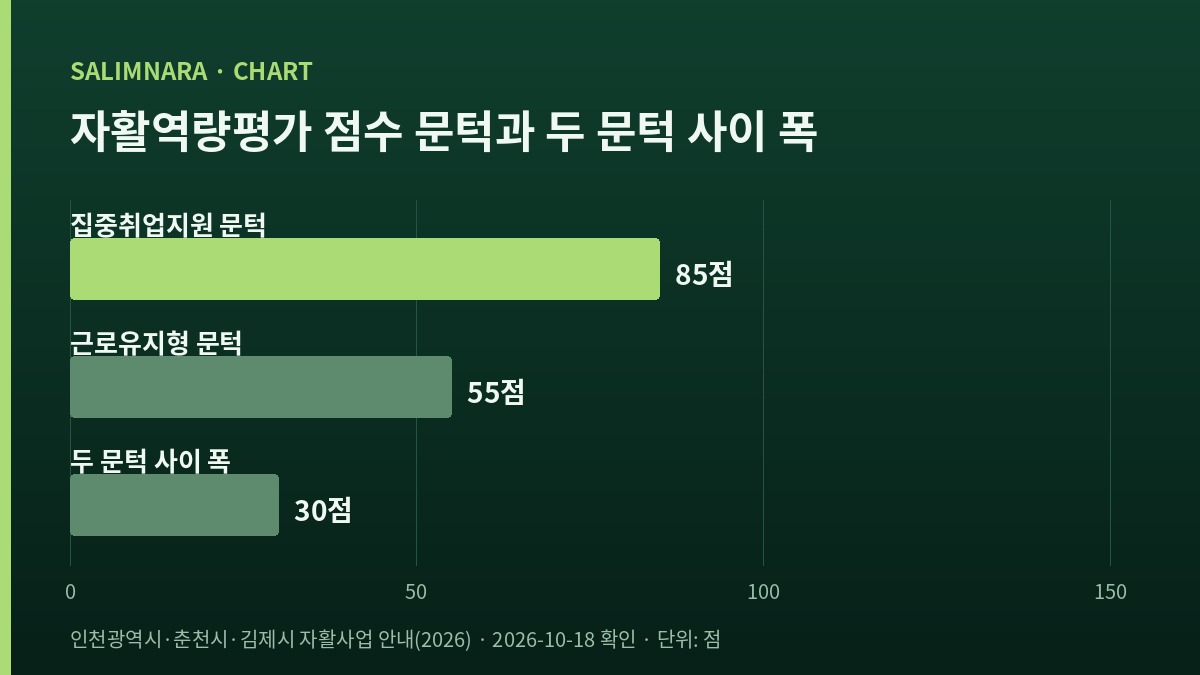 자활역량평가 점수 문턱 85점과 55점, 두 문턱 사이 폭 30점을 비교한 가로막대 도표