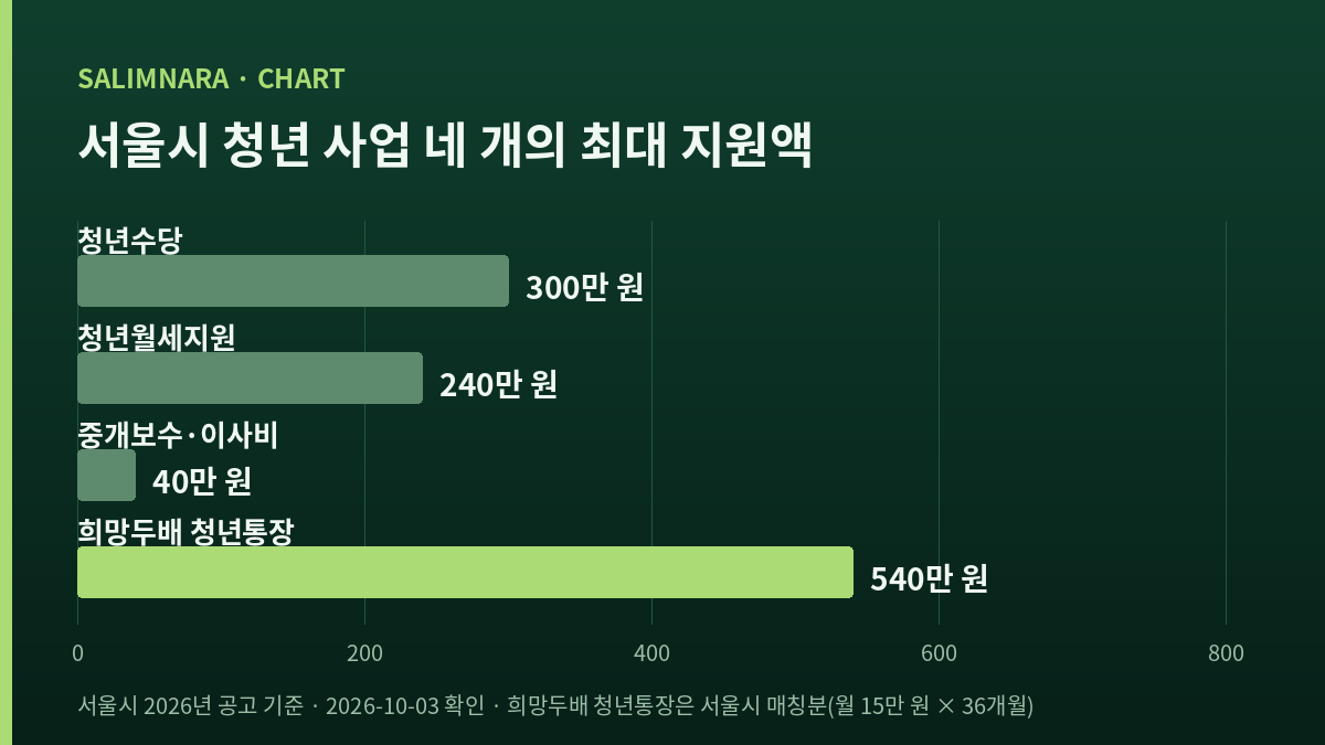 서울시 청년 사업 네 개의 최대 지원액을 비교한 가로 막대 도표